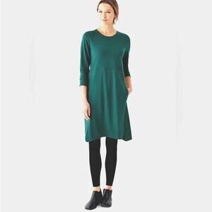 Pure Jill Swing Dress M Petite - Green Pima Cotton Blend Long Sleeves Dipped Hem